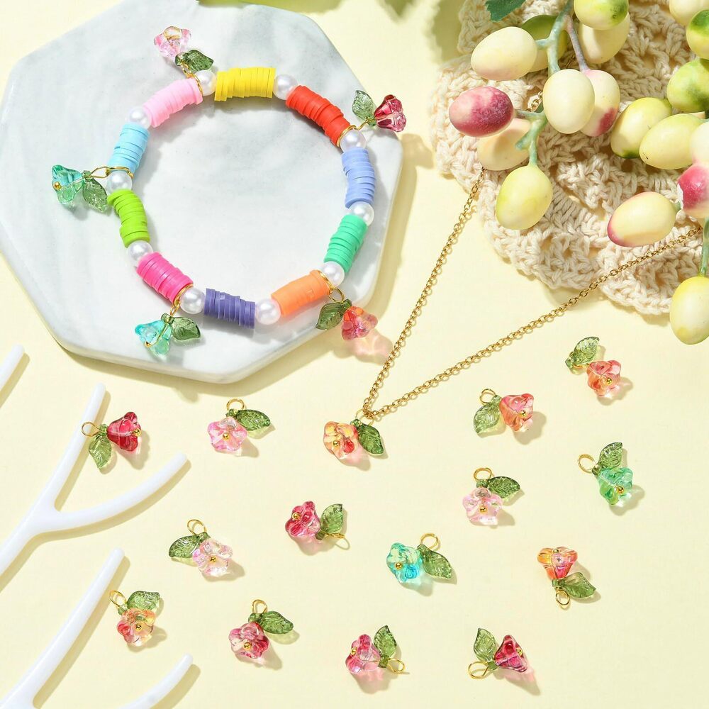 5398 50pcs 5 Colors Trumpet Flower Glass Charms Floral Leaf Transparent - Picture 4 of 9